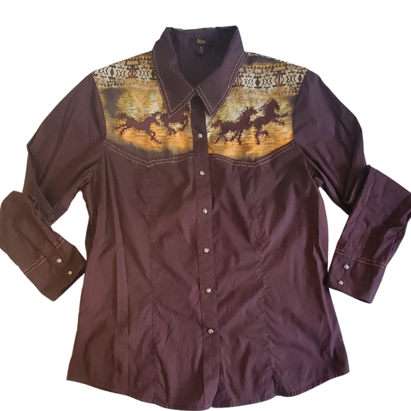 Reba Tops - Vintage Brown Reba Beaded Western Rodeo Horses Button Down Long Sleeve Shirt Med
